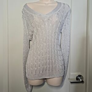 Chico's Light Gray Open-Stitch V-Neck Cable Sweater